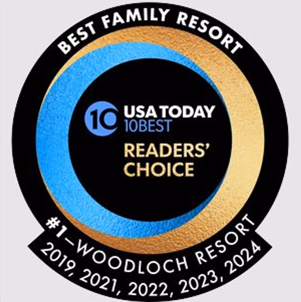 Woodloch Resort USA Today 10Best Readers’ Choice #1 Best Family Resort badge, 2019, 2021, 2022, 2023 and 2024